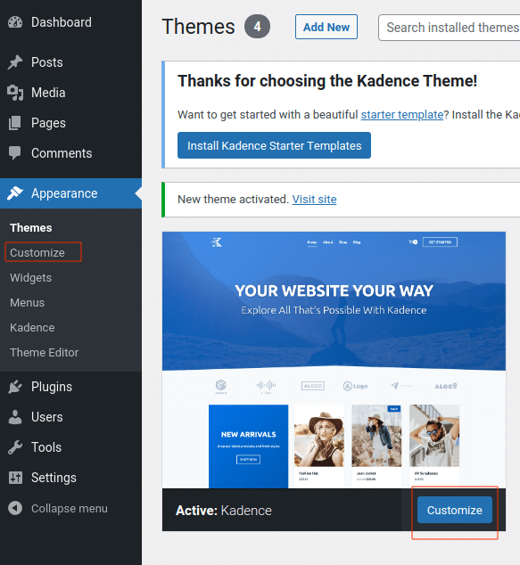 Customize your theme by clicking the "Customize" button.